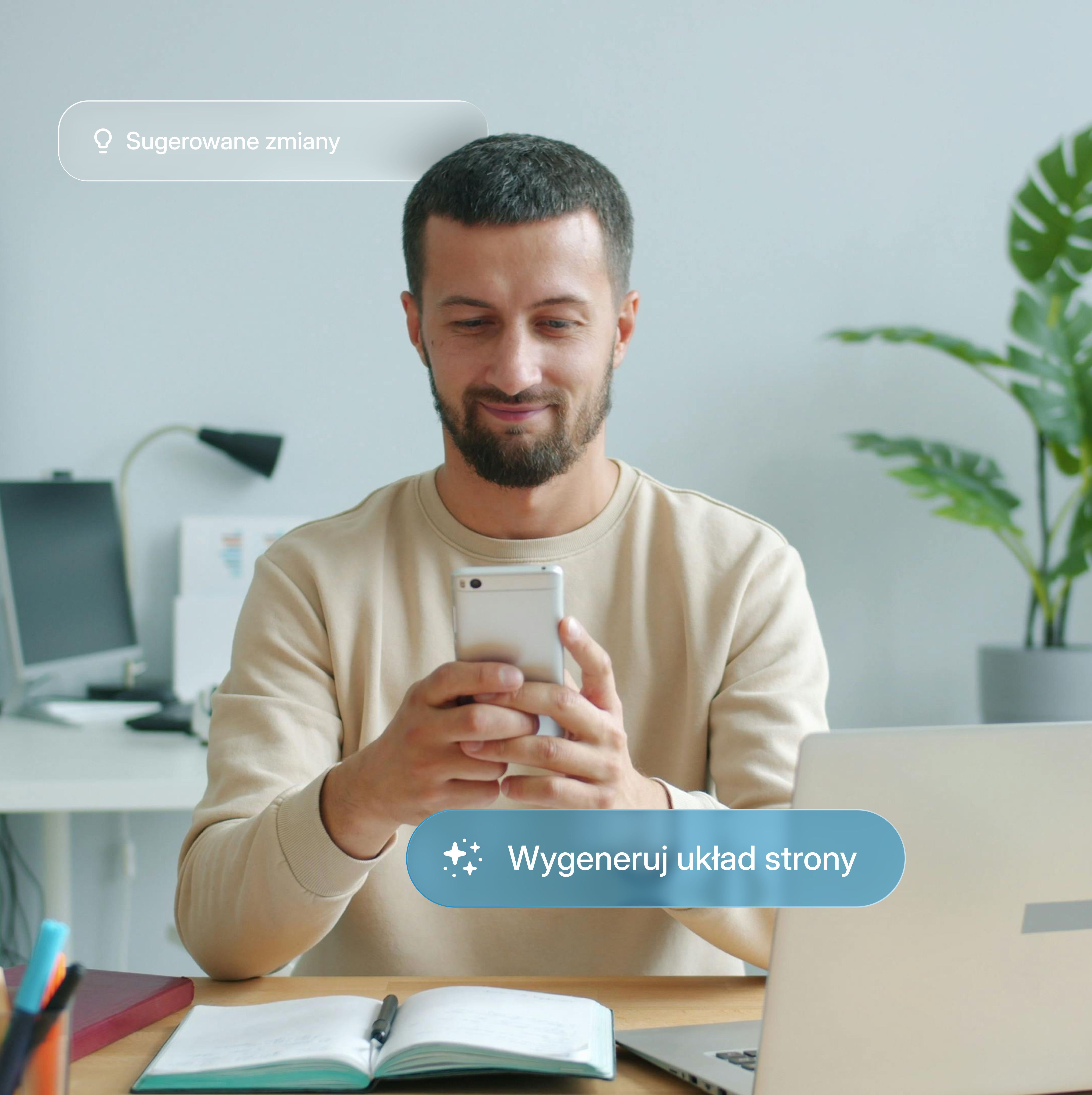 Mężczyzna generujący układ nowej podstrony z AI na telefonie
